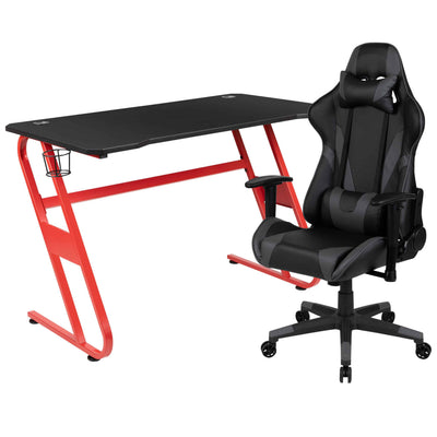 Optis Red Gaming Desk and Gray Reclining Gaming Chair Set with Cup Holder and Headphone Hook
