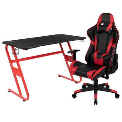 Optis Red Gaming Desk and Red/Black Reclining Gaming Chair Set with Cup Holder and Headphone Hook