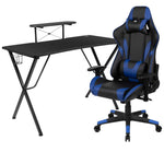 Optis Black Gaming Desk & Blue Reclining Gaming Chair Set | Complete Gaming Station with Monitor Stand & Accessories