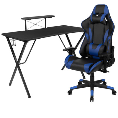 Optis Black Gaming Desk & Blue Reclining Gaming Chair Set | Complete Gaming Station with Monitor Stand & Accessories