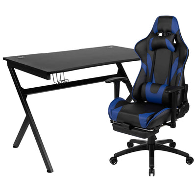 Optis Black Gaming Desk and Blue Footrest Reclining Gaming Chair Set with Cup Holder, Headphone Hook & 2 Wire Management Holes