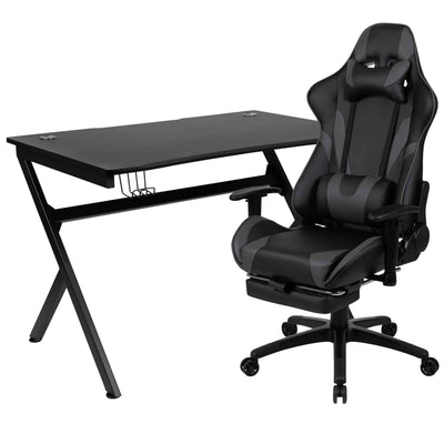 Optis Black Gaming Desk and Gray Footrest Reclining Gaming Chair Set - Ultimate Gaming Station