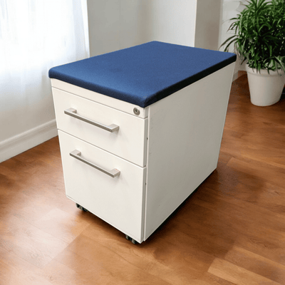 Haworth Box File Mobile Ped, While with Blue Fabric Cushion.