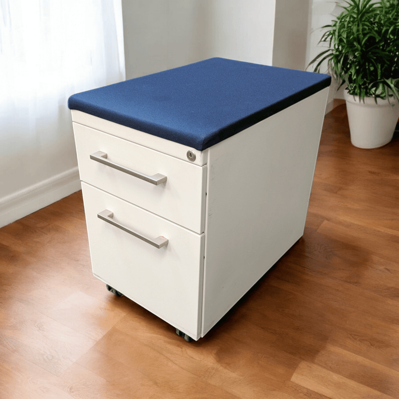 Haworth Box File Mobile Ped, While with Blue Fabric Cushion.