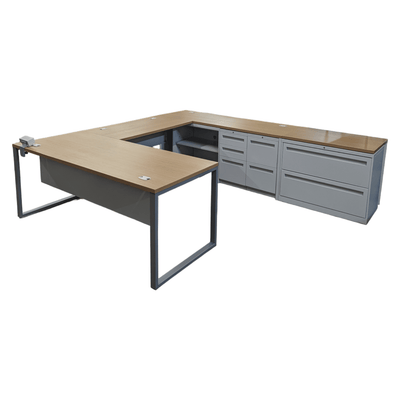 Allsteel U-Shape with a BBF, FF and lateral storage, Maple top, grey base.