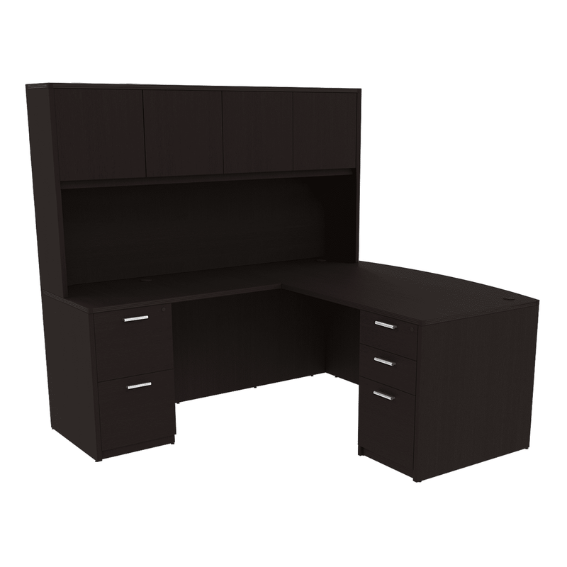 i5 Industries Reversible Bow Front L-Desk with Double Full Pedestals with 4 Door Wood Hutch (71×78)