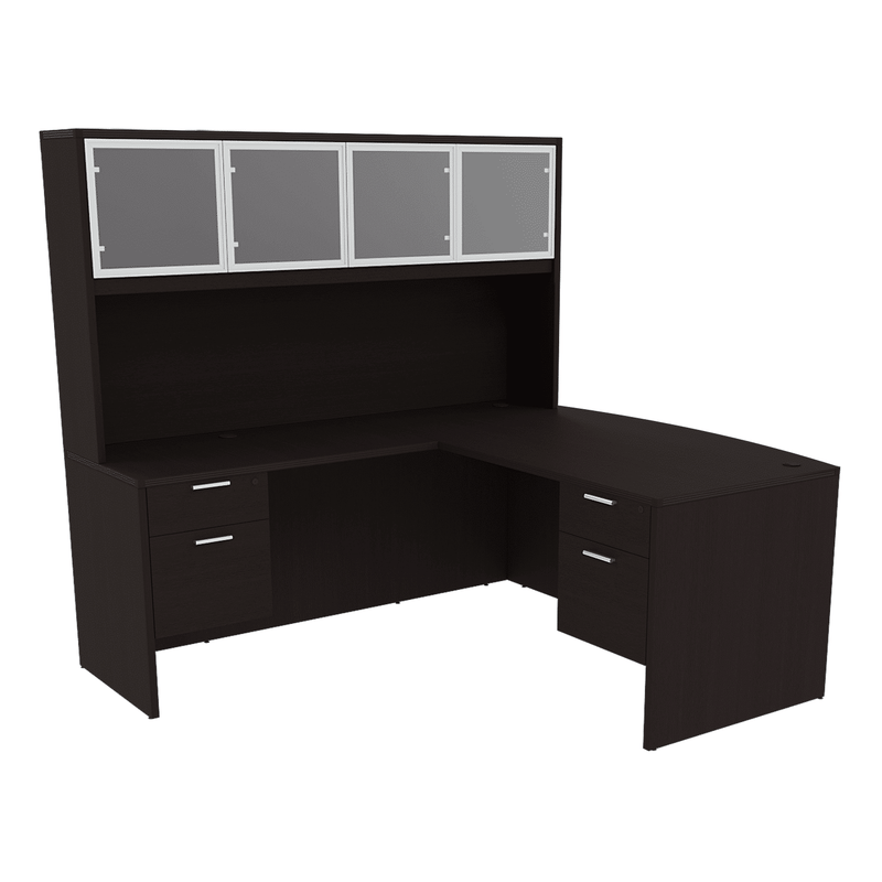 i5 Industries Reversible Bow Front L-Desk with Double Suspended Pedestals with 4 Door Glass Hutch (71×78)