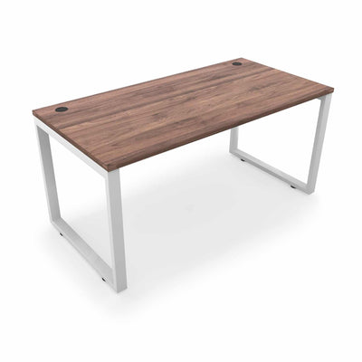 Fusion Metal Leg Desk with Grommets, 24″ x 48″ White base and Walnut Top.