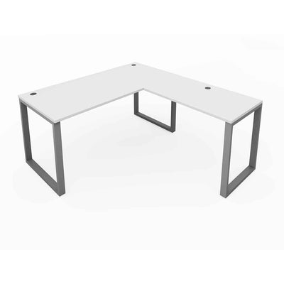 Fusion L-Shaped Metal Leg Desk with Grommets, 72″ x 72″ White Top and Silver Base.