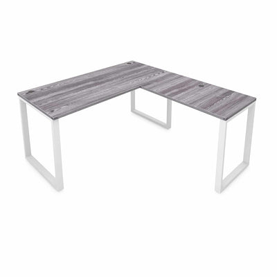 Fusion L-Shaped Metal Leg Desk with Grommets, 66″ x 72″ Grey Top and White Base