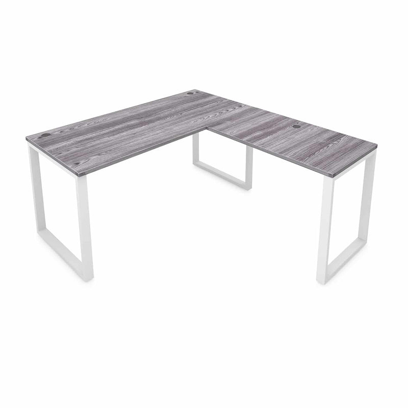 i5 Fusion L-Shaped Metal Leg Desk with Grommets, 66" x 78" - White Base