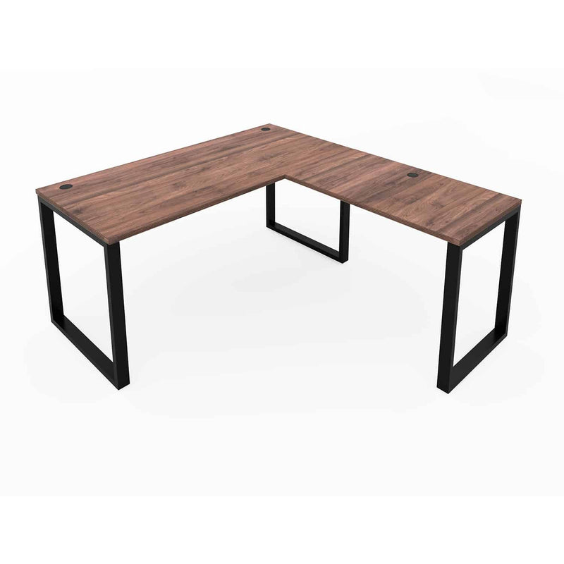 Fusion L-Shaped Metal Leg Desk with Grommets, 60" x 78" - Walnut Top