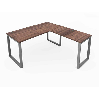 Fusion L-Shaped Metal Leg Desk with Grommets, 66″ x 78″ White Base and Walnut Top