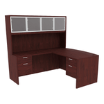 i5 Industries Reversible Bow Front L-Desk with Double Suspended Pedestals with 4 Door Glass Hutch (71×78)