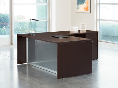 Office Star L-Shape with Glass Modesty Panel 71" x 84" - Desk Modesty Panel in Espresso