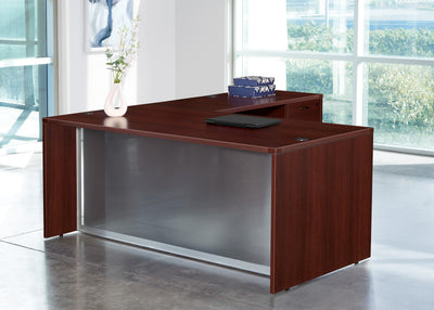 Office Star L-Shape with Glass Modesty Panel 71" x 84" - Desk Modesty Panel in Mahogany