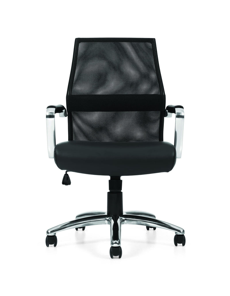 Professional Mesh Back Tilter Conference Chair - Black Mesh Luxhide Seat Aluminum Arms | Ergonomic Conference Seating
