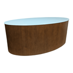 Oval Coffee Table, Mahogany with White Glass Top.