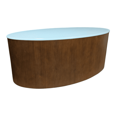 Oval Coffee Table, Mahogany with White Glass Top.