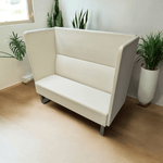 Hightower High-Back 2-Seat Bench - Alabaster Leather Upholstery and Chrome Feet.