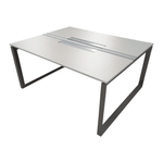 Dual workstation with power, white top and silvre metal legs.