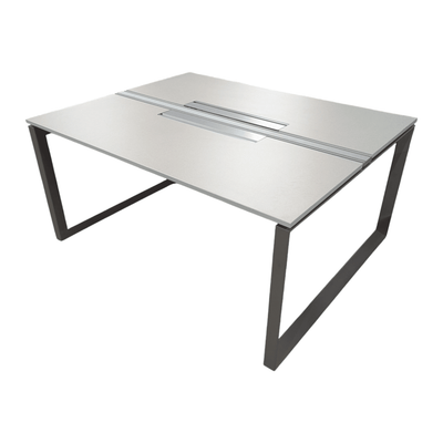 Dual workstation with power, white top and silvre metal legs.