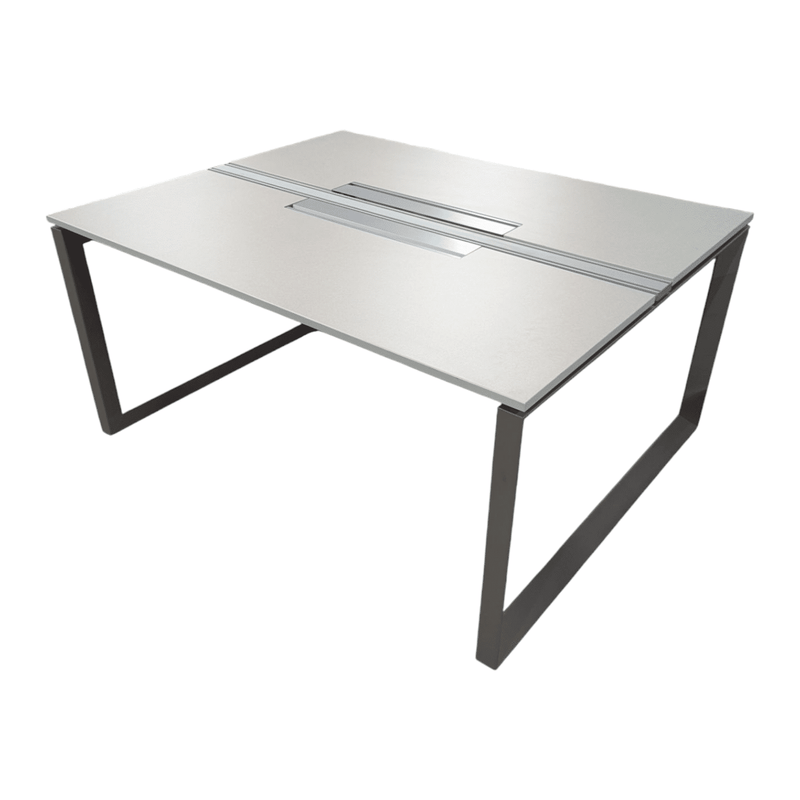 Dual workstation with power, white top and silvre metal legs.