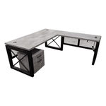 Right Hand L-Shape Desk with Ped & Power - Grey Limestone Laminate and Black Wood Base