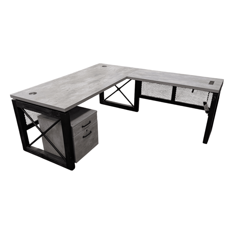 Right Hand L-Shape Desk with Ped & Power - Grey Limestone Laminate and Black Wood Base