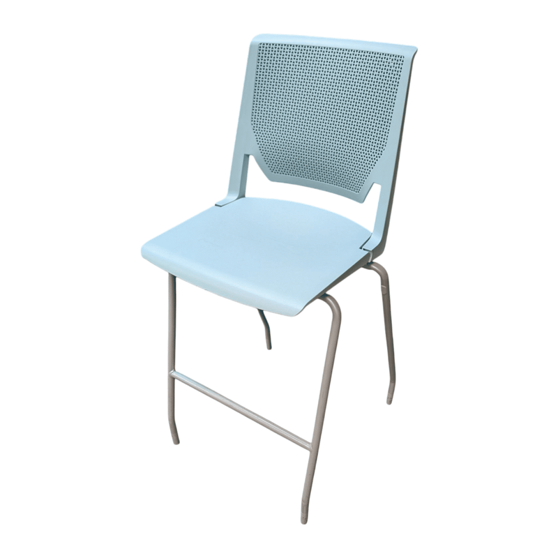 Armless Bar Stool, Blue Plastic Seat and Grey Metal Frame