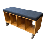 Mobile Wooden Bench with black fabric cushion top and 4 cubby storage
