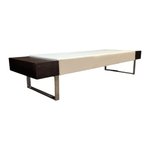 Pre-Owned Krug Leather Bench | Tan Leather Mahogany Wood Chrome Legs