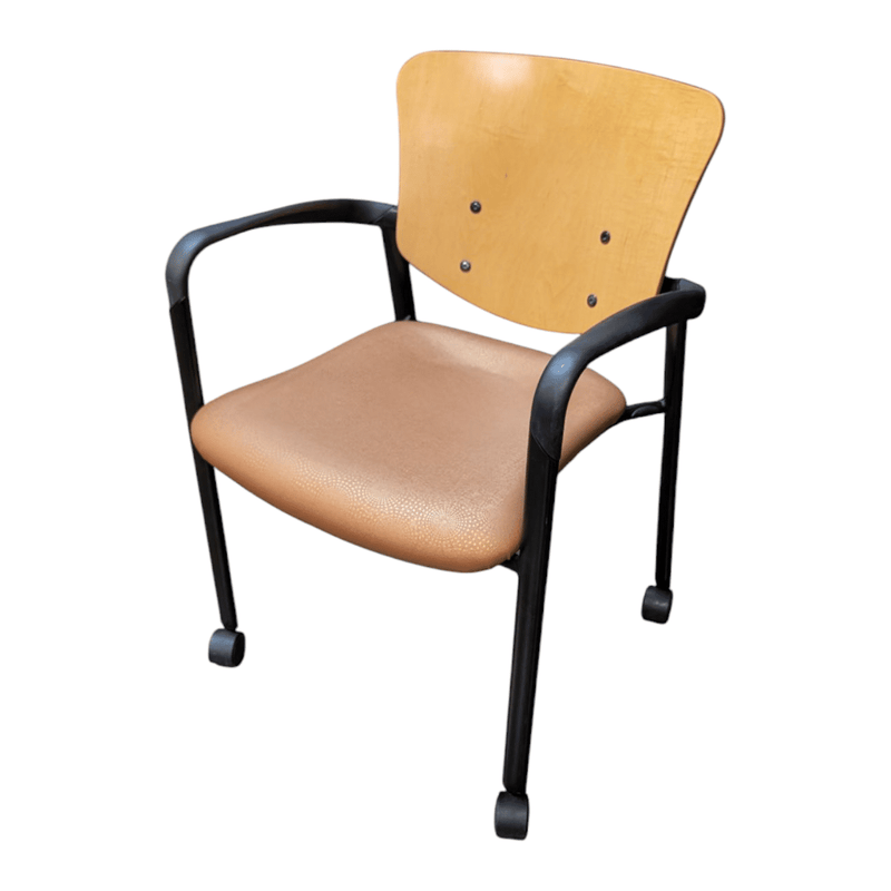 Haworth Improv Mobile Side Chair, Black frame, maple back, and orange seat