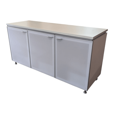 3-Door Storage Cabinet White with Speckled Top Frosted Doors Metal Shelves