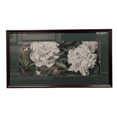Framed Print of White Peonies with Thick, Green Border
