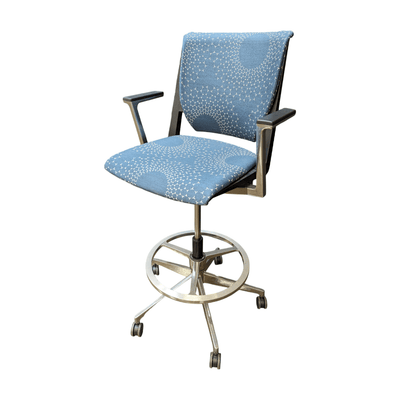 Used haworth blue fabric barstool with casters & ring kit