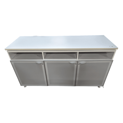 Used White Storage Cabinet with 3 Frosted Glass Doors