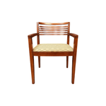 Used kimball studio ricchio guest chair, cherry wood frame with tan pattern fabric