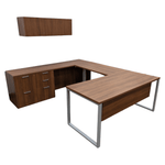 Used Allsteel LH & RH U-Shape Desk, Sit to Stand, Credenza & Overhead in Fawn Cyprus