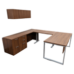 Used Allsteel LH & RH U-Shape Desk, Sit to Stand, Credenza & Overhead in Fawn Cyprus