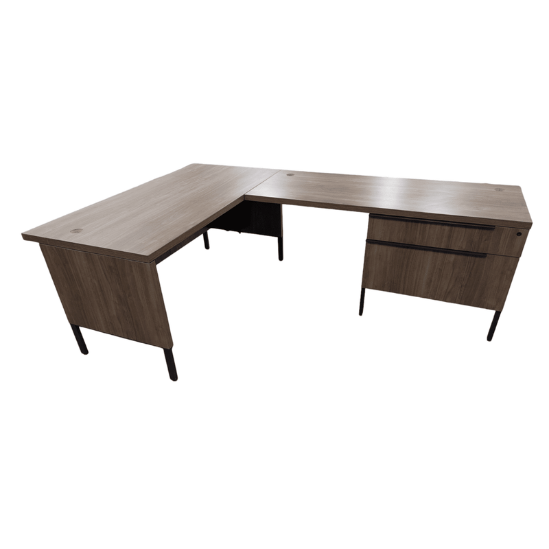 Steelcase Right Handed L-Shape Desk with Box File Lateral File, Dark Bronze.