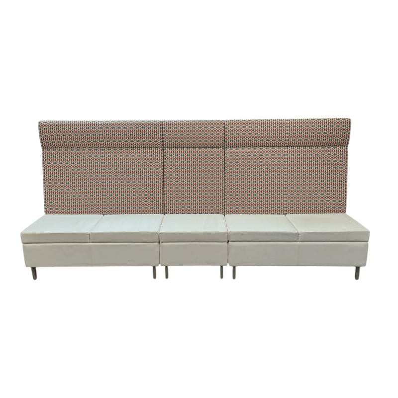 Kimball Villa 3-seat lounge with privacy back - white leather seat and red, grey, white fabric