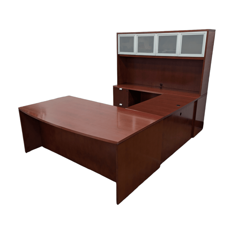 Pre-Owned Gunlocke LH U-Shape Bow Front Desk w/ Hutch and Credenza – Cherry