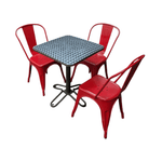 Stainless Top Table, 23.5X23.5 with 3 Red Metal Chairs