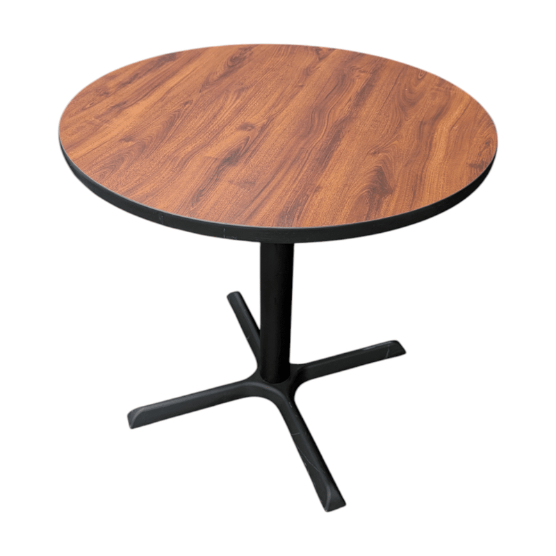 30" Round breakroom Table, Mahogany top and black metal base.