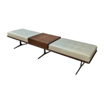 Pre-Owned Bernhardt 82in Argon Bench | Tan Leather Mahogany Wood Chrome Legs