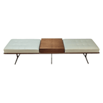 Pre-Owned Bernhardt 82in Argon Bench | Tan Leather Mahogany Wood Chrome Legs