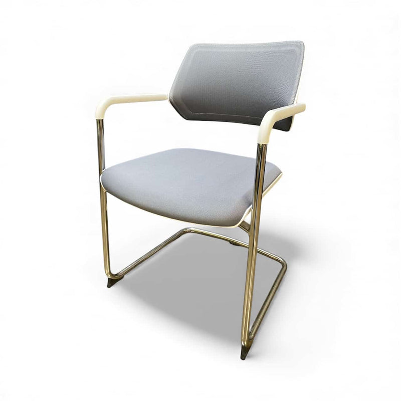 Steelcase Qivi Sled Base Side Chair Grey mesh back, grey fabric seat, white plastic frame, chrome base