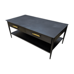 Black Metal Coffee Table with two drawers, gold handles.