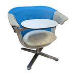 Steelcase i2i swivel lounge chair, white and blue fabric and chrome base.